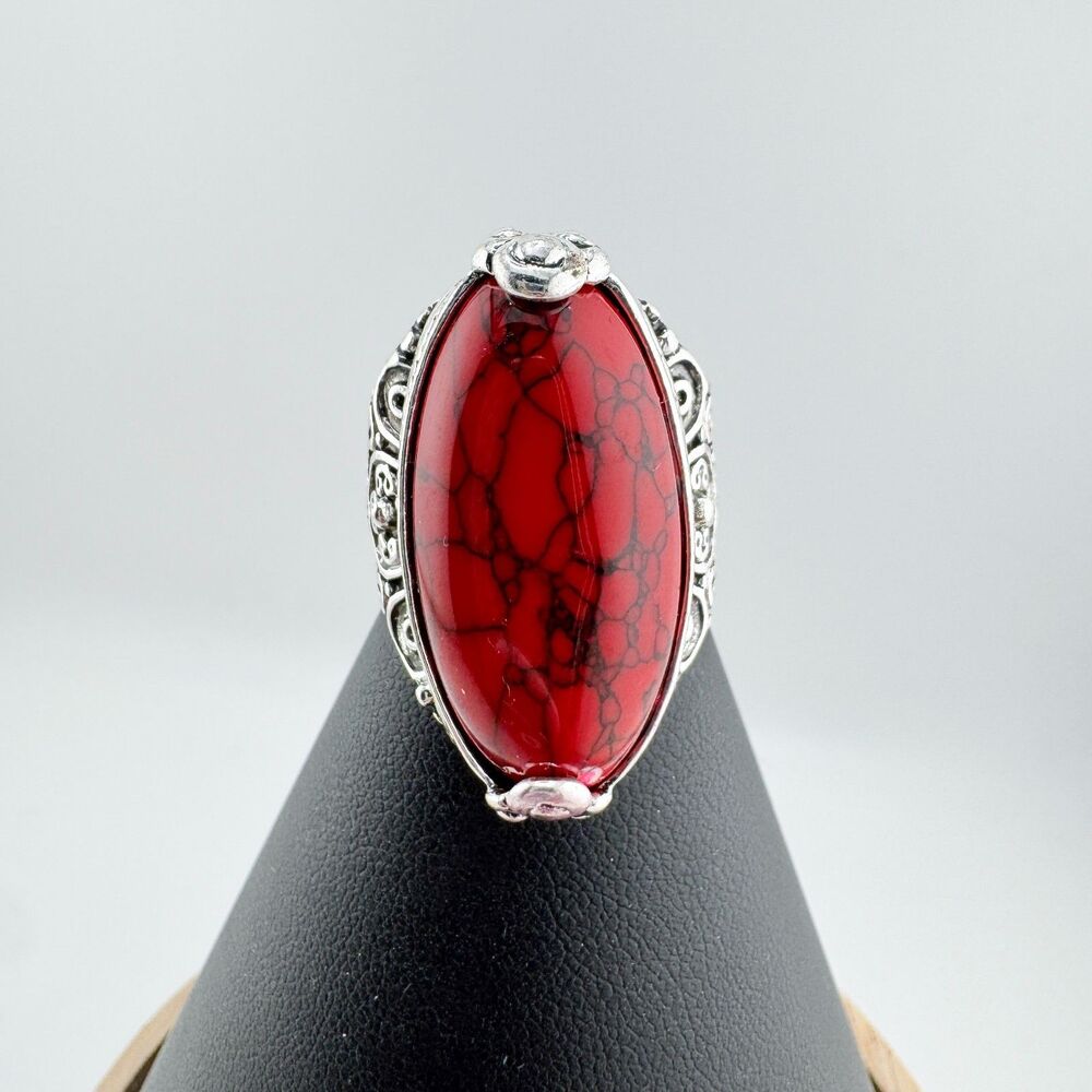 Vintage Red Oval Stone Statement Ring Silver Tone Filigree Deadstock Western